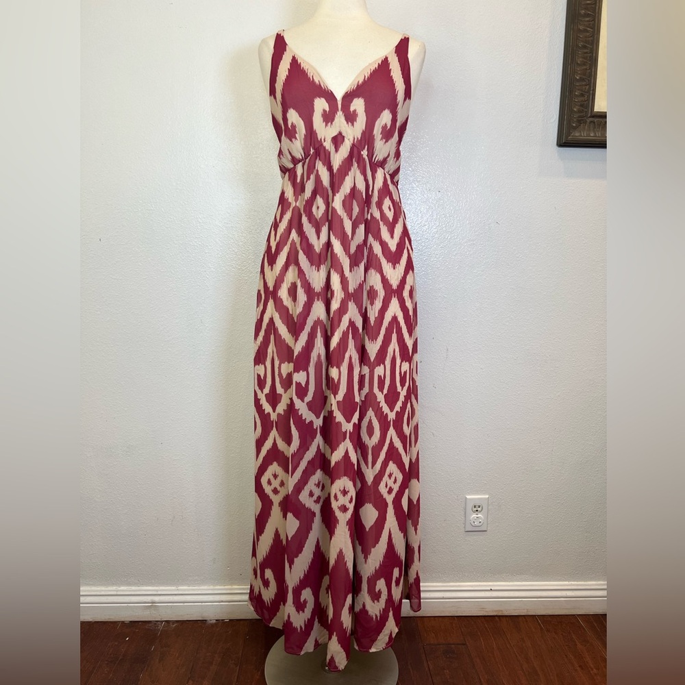 Wayward Fancies eShakti Beige Maroon Geometric Print V-Neck Long Dress No Size